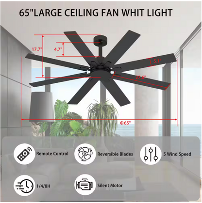 FUFU&GAGA 65 in. Indoor Outdoor Use Black Solid Wood Grain 8 Blade Propeller Ceiling Fan with Remote Control, Adjustable, 5-Speed