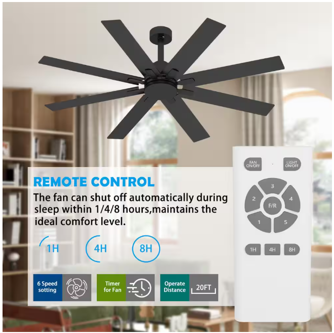 FUFU&GAGA 65 in. Indoor Outdoor Use Black Solid Wood Grain 8 Blade Propeller Ceiling Fan with Remote Control, Adjustable, 5-Speed
