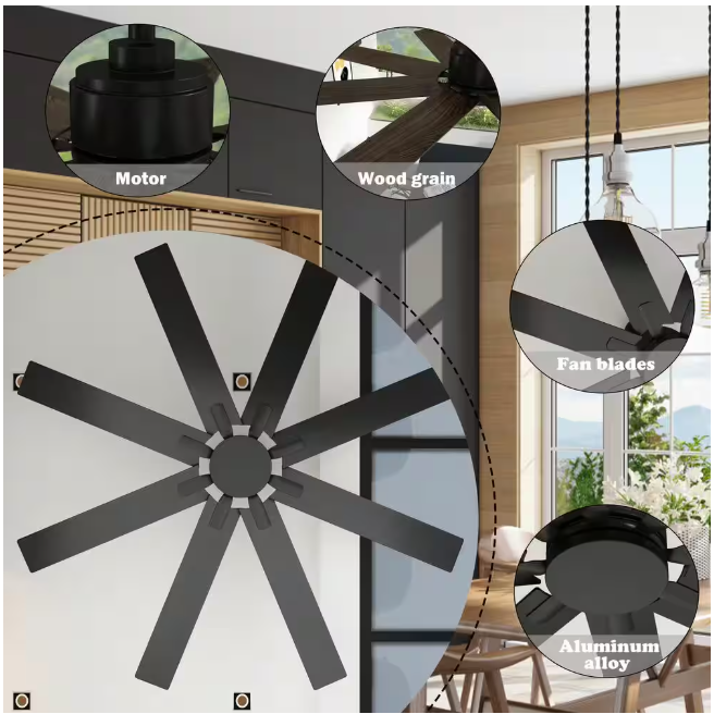 FUFU&GAGA 65 in. Indoor Outdoor Use Black Solid Wood Grain 8 Blade Propeller Ceiling Fan with Remote Control, Adjustable, 5-Speed