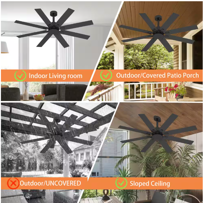 FUFU&GAGA 65 in. Indoor Outdoor Use Black Solid Wood Grain 8 Blade Propeller Ceiling Fan with Remote Control, Adjustable, 5-Speed
