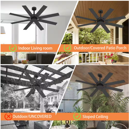 FUFU&GAGA 65 in. Indoor Outdoor Use Black Solid Wood Grain 8 Blade Propeller Ceiling Fan with Remote Control, Adjustable, 5-Speed