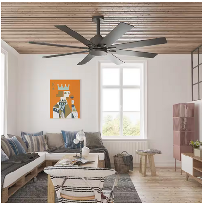 FUFU&GAGA 65 in. Indoor Outdoor Use Black Solid Wood Grain 8 Blade Propeller Ceiling Fan with Remote Control, Adjustable, 5-Speed