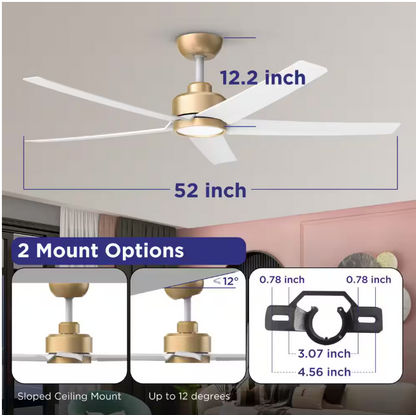 QRMOK 52 in. Indoor, Outdoor White LED Ceiling Fan with Remote, Reversible Quiet DC Motor and 5 Blades 3 CCT Light