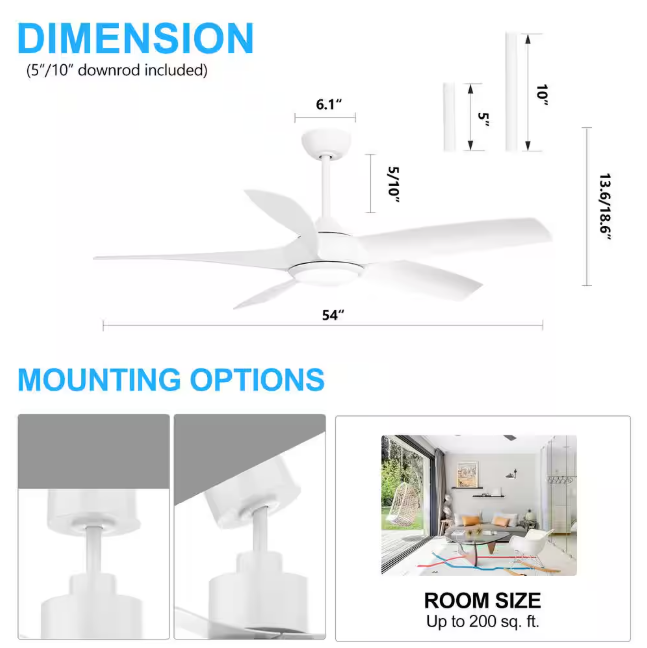 Breezary Hector II 54 in. Indoor White Propeller Blade White Ceiling Fan with Color-Changing LED Light with Remote Included