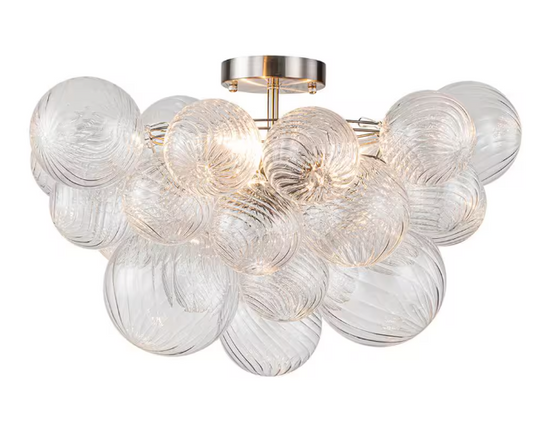 HUOKU Neuvy 19 in. W 3-Light Nickel Cluster Semi-Flush Mount Chandelier with Grape Swirled Glass Shades for Dining/Living