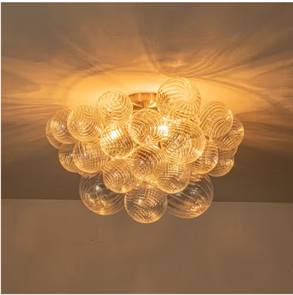 HUOKU Neuvy 19 in. W 3-Light Nickel Cluster Semi-Flush Mount Chandelier with Grape Swirled Glass Shades for Dining/Living