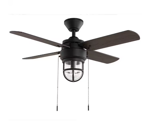 Hampton Bay Cedar Lake 44 in. Indoor/Outdoor LED Matte Black Damp Rated Ceiling Fan with Light Kit, Downrod and 4 Reversible Blades