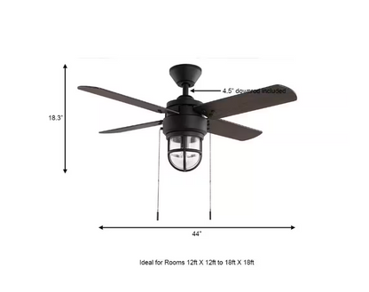 Hampton Bay Cedar Lake 44 in. Indoor/Outdoor LED Matte Black Damp Rated Ceiling Fan with Light Kit, Downrod and 4 Reversible Blades