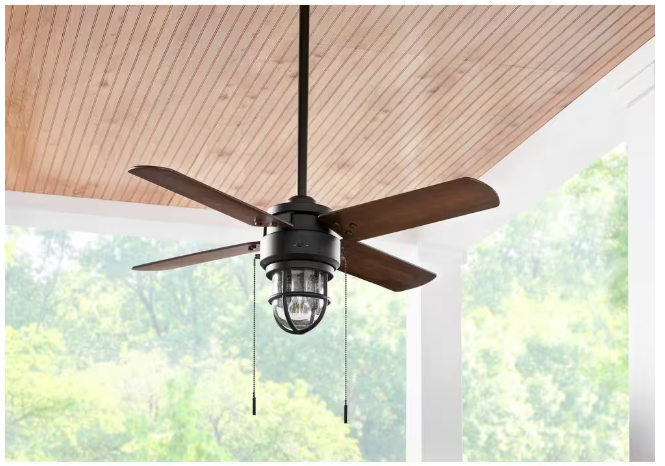 Hampton Bay Cedar Lake 44 in. Indoor/Outdoor LED Matte Black Damp Rated Ceiling Fan with Light Kit, Downrod and 4 Reversible Blades