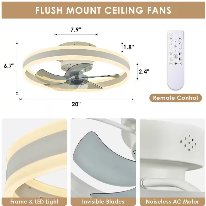 ANTOINE 20 in. LED Indoor White Ceiling Fan with Dimmable Lighting Low Profile Flush Mount Ceiling Fan with Remote