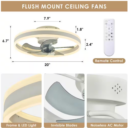 ANTOINE 20 in. LED Indoor White Ceiling Fan with Dimmable Lighting Low Profile Flush Mount Ceiling Fan with Remote