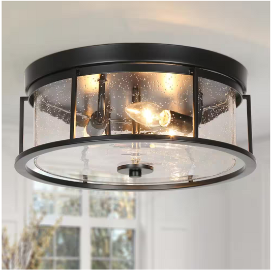 LNC 13 in. 3-Light Modern Black Industrial Metal Cage Flush Mount Ceiling Light with Clear Seeded Glass