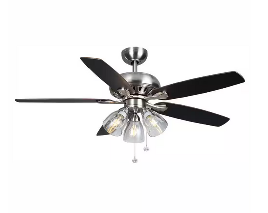 Hampton Bay Rockport 52 in. Indoor LED Brushed Nickel Ceiling Fan with Light Kit, Downrod, and 5 Reversible Blades