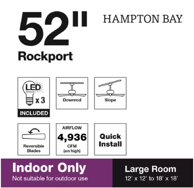 Hampton Bay Rockport 52 in. Indoor LED Brushed Nickel Ceiling Fan with Light Kit, Downrod, and 5 Reversible Blades