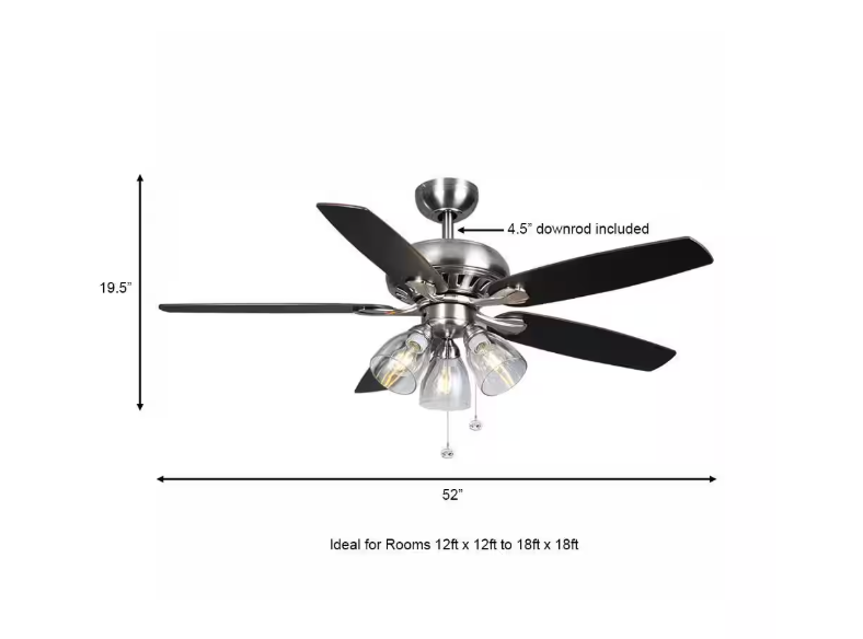 Hampton Bay Rockport 52 in. Indoor LED Brushed Nickel Ceiling Fan with Light Kit, Downrod, and 5 Reversible Blades