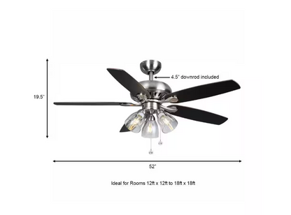 Hampton Bay Rockport 52 in. Indoor LED Brushed Nickel Ceiling Fan with Light Kit, Downrod, and 5 Reversible Blades