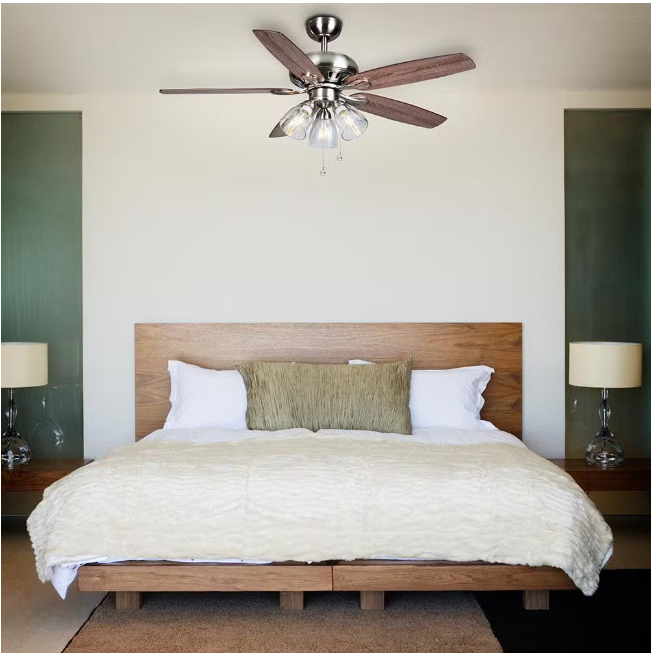Hampton Bay Rockport 52 in. Indoor LED Brushed Nickel Ceiling Fan with Light Kit, Downrod, and 5 Reversible Blades