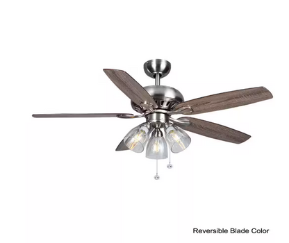 Hampton Bay Rockport 52 in. Indoor LED Brushed Nickel Ceiling Fan with Light Kit, Downrod, and 5 Reversible Blades