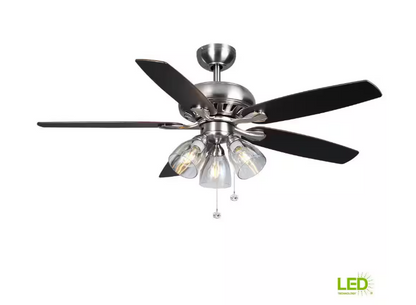 Hampton Bay Rockport 52 in. Indoor LED Brushed Nickel Ceiling Fan with Light Kit, Downrod, and 5 Reversible Blades