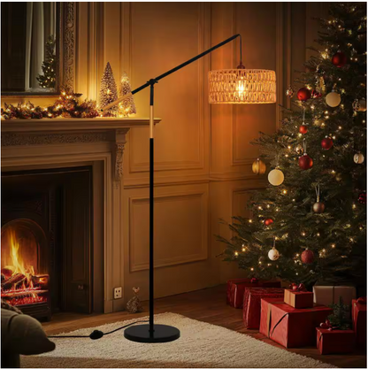 TOZING 68 in. 1-Light Black Modern Rope Adjustable Swing Arm Floor Lamp with Rattan Shade Marble Base Foot Switch for Bedroom