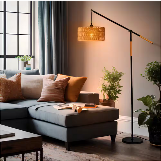 TOZING 68 in. 1-Light Black Modern Rope Adjustable Swing Arm Floor Lamp with Rattan Shade Marble Base Foot Switch for Bedroom