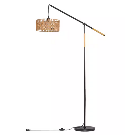 TOZING 68 in. 1-Light Black Modern Rope Adjustable Swing Arm Floor Lamp with Rattan Shade Marble Base Foot Switch for Bedroom
