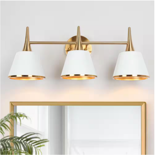 LNC Modern 22.5 in. 3-Light Plated Brass Vanity Light with Taper Drum Matte Shades White Wall Light for Bathroom Vanity