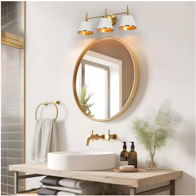 LNC Modern 22.5 in. 3-Light Plated Brass Vanity Light with Taper Drum Matte Shades White Wall Light for Bathroom Vanity