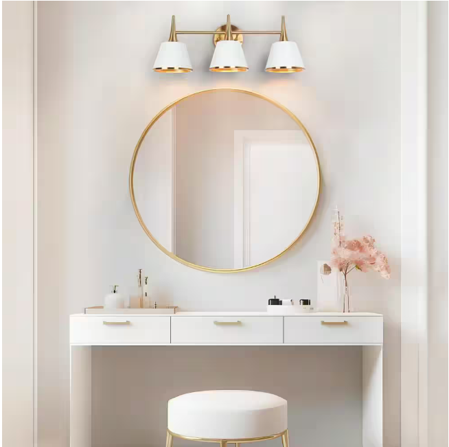LNC Modern 22.5 in. 3-Light Plated Brass Vanity Light with Taper Drum Matte Shades White Wall Light for Bathroom Vanity