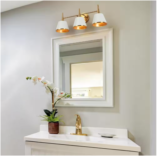 LNC Modern 22.5 in. 3-Light Plated Brass Vanity Light with Taper Drum Matte Shades White Wall Light for Bathroom Vanity