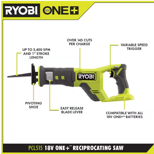 RYOBI ONE+ 18V Cordless Reciprocating Saw (Tool Only) NO BOX