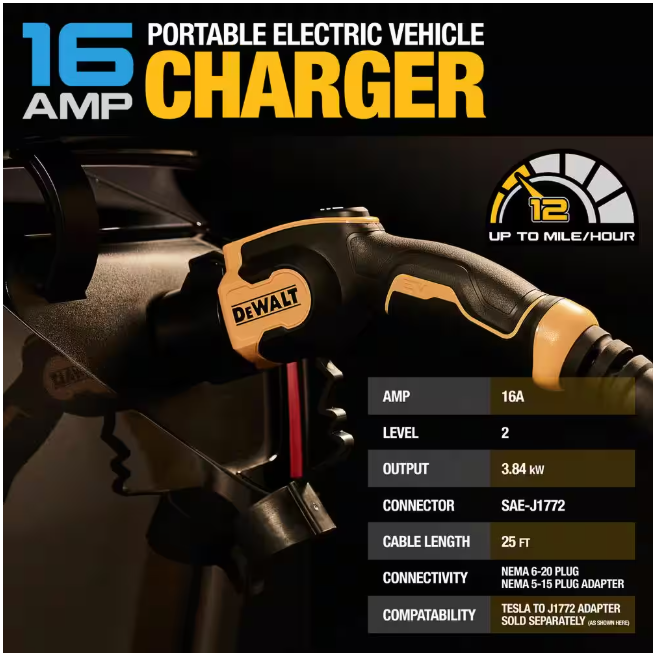 DEWALT Level-2 Portable Electric Vehicle EV Charger up to 16 Amps, 120-240-Volt AC 3.8 KW, 25 Ft. Cable, Weatherproof