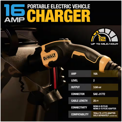 DEWALT Level-2 Portable Electric Vehicle EV Charger up to 16 Amps, 120-240-Volt AC 3.8 KW, 25 Ft. Cable, Weatherproof
