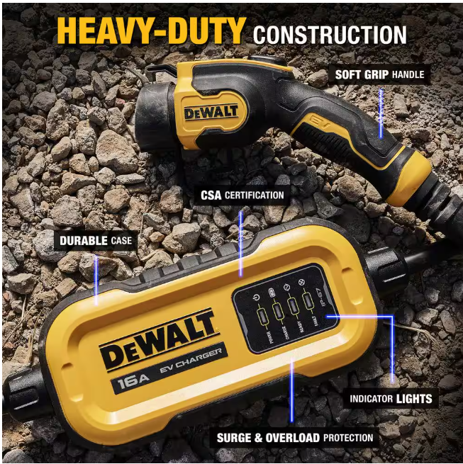 DEWALT Level-2 Portable Electric Vehicle EV Charger up to 16 Amps, 120-240-Volt AC 3.8 KW, 25 Ft. Cable, Weatherproof