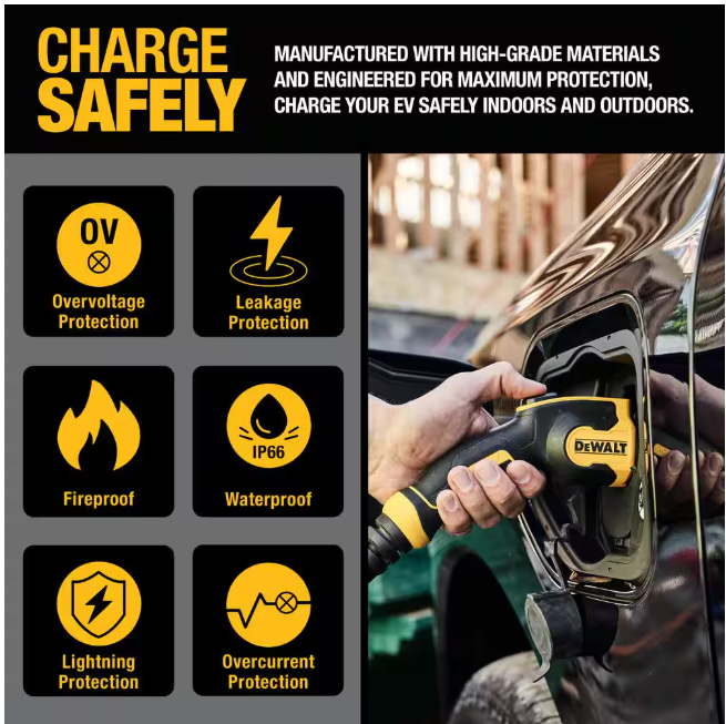 DEWALT Level-2 Portable Electric Vehicle EV Charger up to 16 Amps, 120-240-Volt AC 3.8 KW, 25 Ft. Cable, Weatherproof