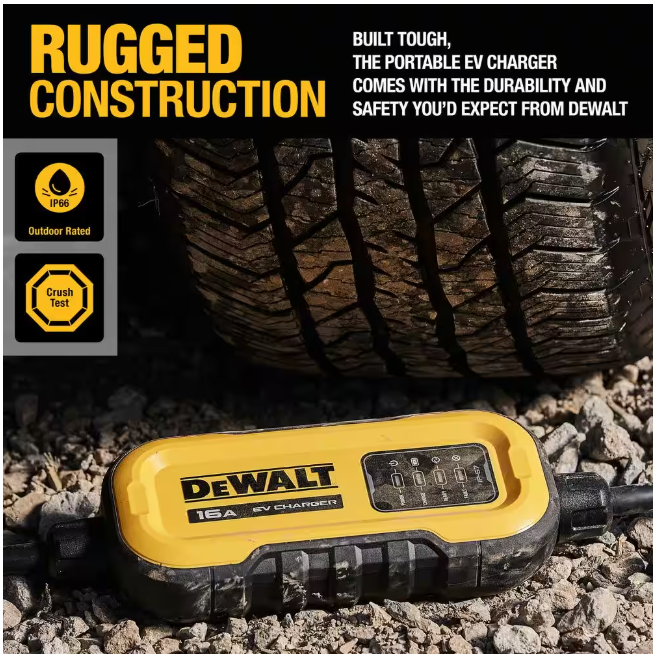 DEWALT Level-2 Portable Electric Vehicle EV Charger up to 16 Amps, 120-240-Volt AC 3.8 KW, 25 Ft. Cable, Weatherproof
