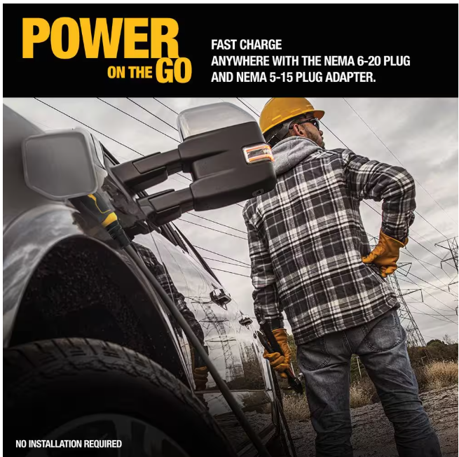 DEWALT Level-2 Portable Electric Vehicle EV Charger up to 16 Amps, 120-240-Volt AC 3.8 KW, 25 Ft. Cable, Weatherproof