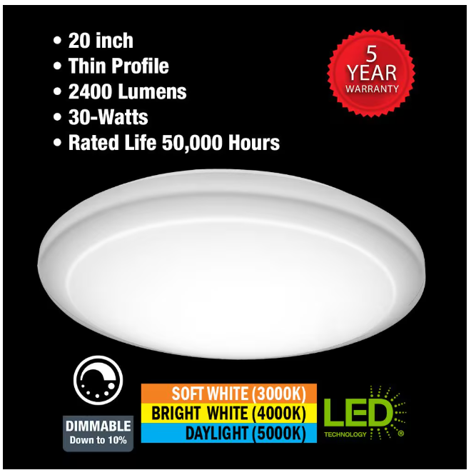 Commercial Electric 20 in. Low Profile LED Flush Mount Round Ceiling Light 2400 Lumens 3000K 4000K 5000K Dimmable Bedroom Lighting