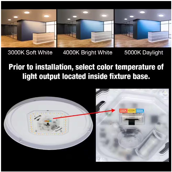 Commercial Electric 20 in. Low Profile LED Flush Mount Round Ceiling Light 2400 Lumens 3000K 4000K 5000K Dimmable Bedroom Lighting