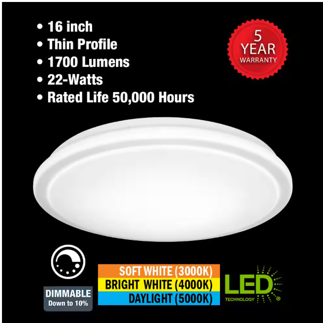 Commercial Electric 16 in. Low Profile LED Flush Mount Round Closet Light Fixture 1700 Lumens 3000K 4000K 5000K Dimmable Hallway Stairwell