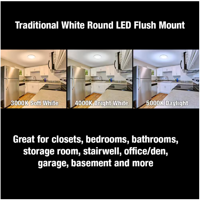 Commercial Electric 16 in. Low Profile LED Flush Mount Round Closet Light Fixture 1700 Lumens 3000K 4000K 5000K Dimmable Hallway Stairwell