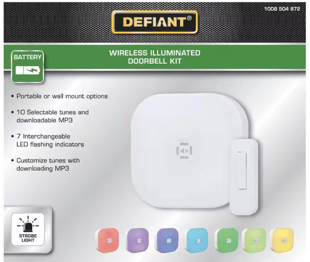 Defiant Wireless LED Illuminated Battery Operated Doorbell Kit with Wireless Push Button, White