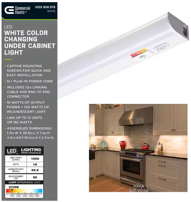 Commercial Electric Plug-In 36 inch Linkable LED Undercabinet Light Task Under Counter Kitchen Lighting 3 Color Temperature Options