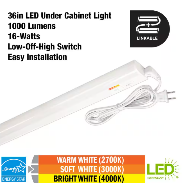 Commercial Electric Plug-In 36 inch Linkable LED Undercabinet Light Task Under Counter Kitchen Lighting 3 Color Temperature Options