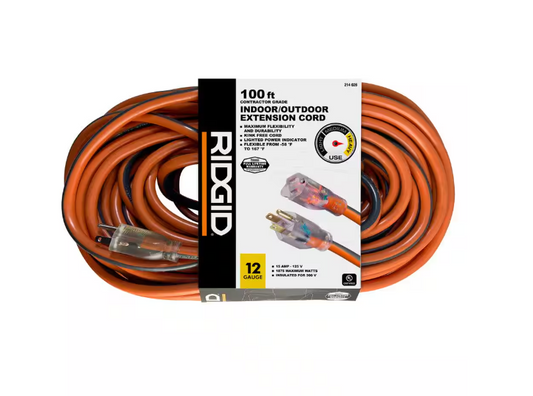 RIDGID 100 ft. 12/3 Heavy Duty Indoor/Outdoor Extension Cord with Lighted End, Orange/Grey