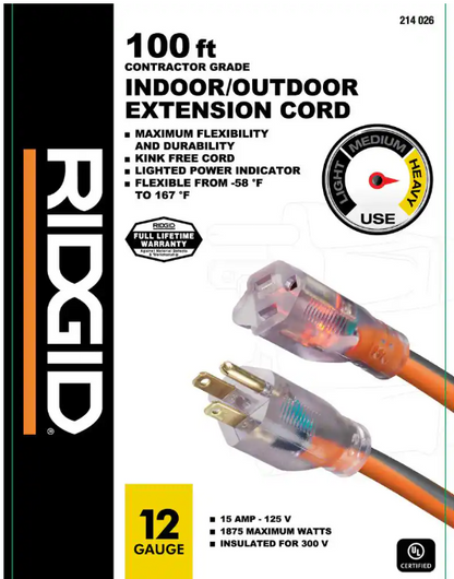 RIDGID 100 ft. 12/3 Heavy Duty Indoor/Outdoor Extension Cord with Lighted End, Orange/Grey