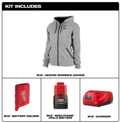 Milwaukee Women's Large M12 12-Volt Lithium-Ion Cordless Gray Heated Jacket Hoodie Kit with (1) 2.0 Ah Battery and Charger