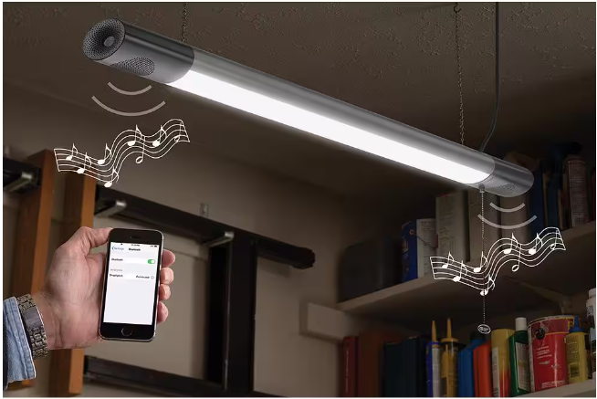 Commercial Electric 42 in. Workbench Garage Integrated LED Shop Light Bluetooth Speakers 3600 Lumens Black Brushed Nickel