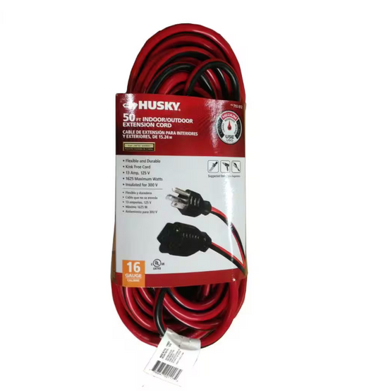 Husky 50 ft. 16/3 Medium-Duty Indoor/Outdoor Extension Cord, Red and Black