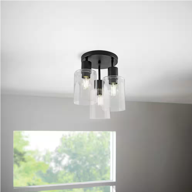 Hampton Bay Sutton Place 14 in. 3-Light Matte Black Flush Mount, Farmhouse Ceiling Light